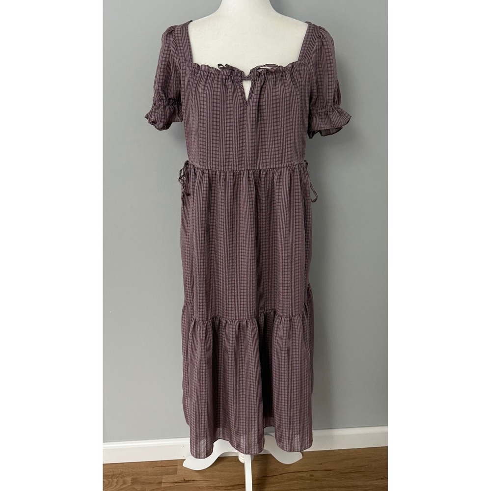 Madewell Square Neck Tiered Midi Dress Purple Fig Puff Sleeve Seersucker Size S